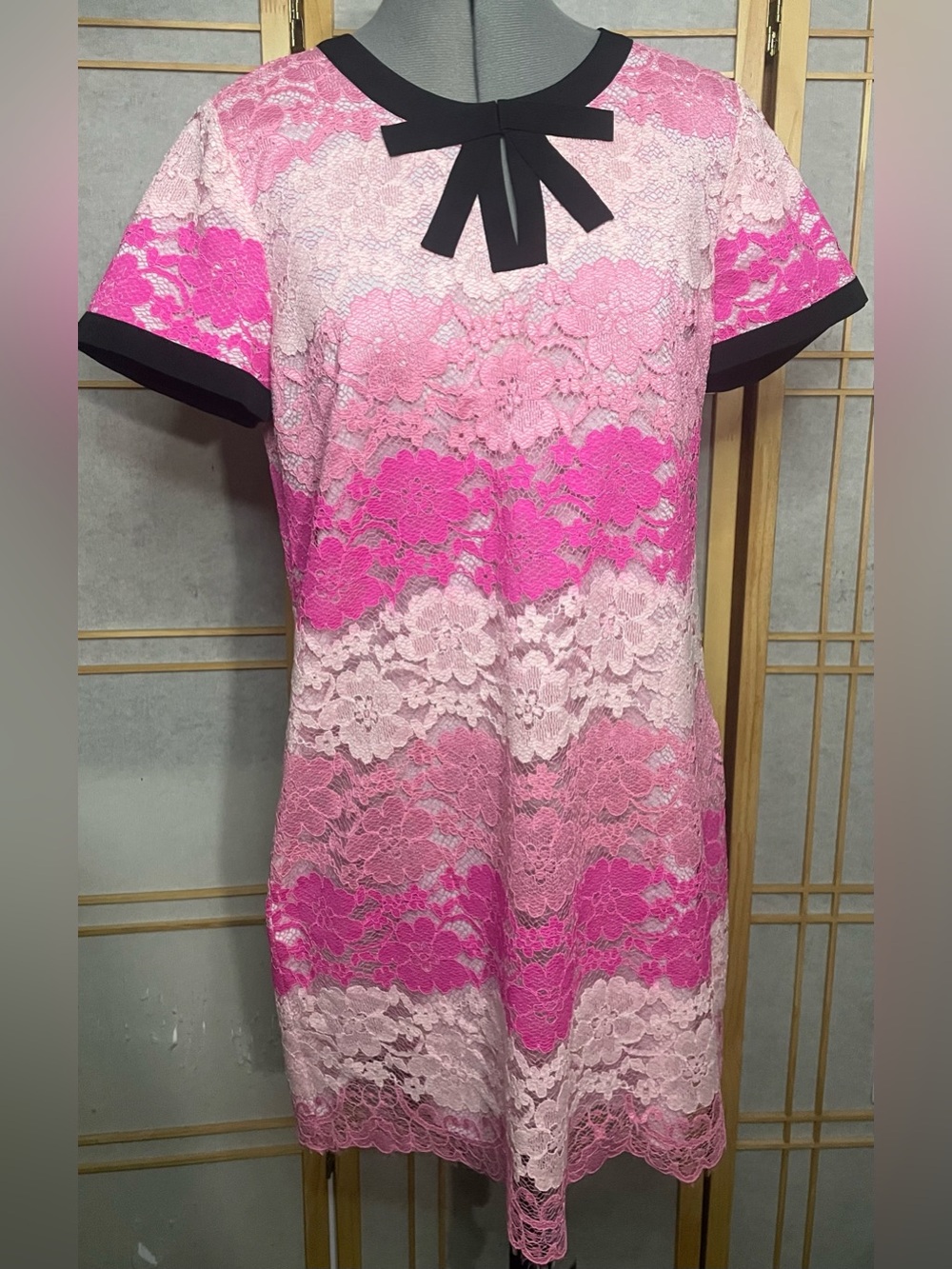 CeCe Pink and Black Trim Lace Shift Dress